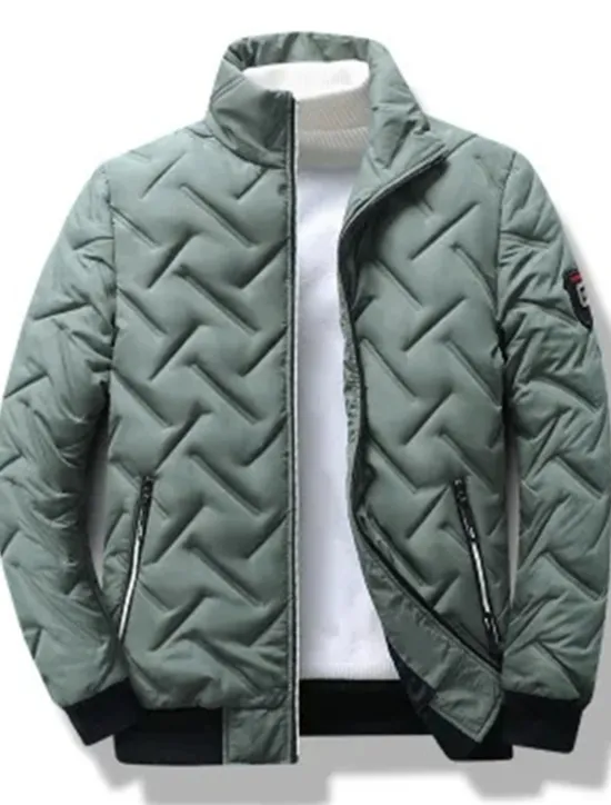 Hot OUKU Men's Puffer Jacket Bomber Jacket Quilted Jacket Full Zip Casual Daily Wear Regular Casual Daily Trendy Windproof Warm Fall Winter Stripes and Plaid Black Light Green Royal Blue Gray Puffer Jacket