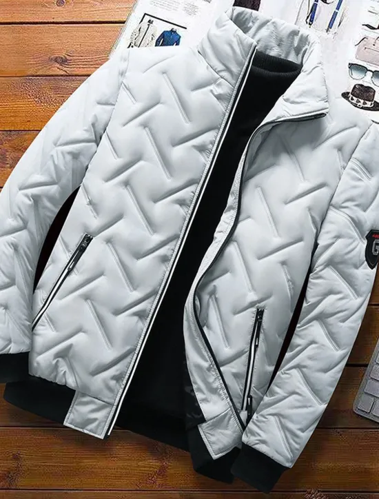 Hot OUKU Men's Puffer Jacket Bomber Jacket Quilted Jacket Full Zip Casual Daily Wear Regular Casual Daily Trendy Windproof Warm Fall Winter Stripes and Plaid Black Light Green Royal Blue Gray Puffer Jacket