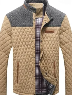 OUKU Men's Puffer Jacket Casual Jacket Daily Vacation Warm Pocket Fall & Winter Color Block Fashion Classic Stand Collar Regular Black Wine Navy Blue Brown Khaki Jacket