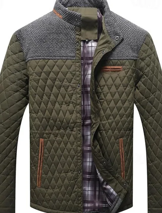 OUKU Men's Puffer Jacket Casual Jacket Daily Vacation Warm Pocket Fall & Winter Color Block Fashion Classic Stand Collar Regular Black Wine Navy Blue Brown Khaki Jacket