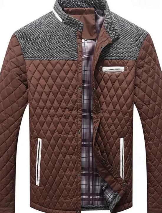 OUKU Men's Puffer Jacket Casual Jacket Daily Vacation Warm Pocket Fall & Winter Color Block Fashion Classic Stand Collar Regular Black Wine Navy Blue Brown Khaki Jacket