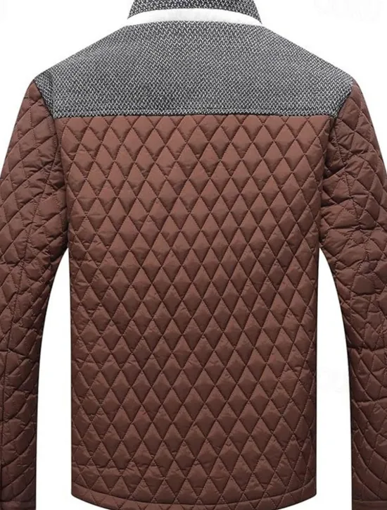 OUKU Men's Puffer Jacket Casual Jacket Daily Vacation Warm Pocket Fall & Winter Color Block Fashion Classic Stand Collar Regular Black Wine Navy Blue Brown Khaki Jacket