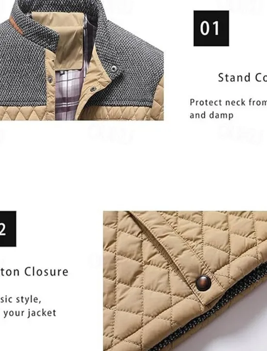 OUKU Men's Puffer Jacket Casual Jacket Daily Vacation Warm Pocket Fall & Winter Color Block Fashion Classic Stand Collar Regular Black Wine Navy Blue Brown Khaki Jacket