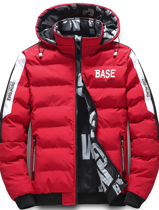 Outlet OUKU Men's Puffer Jacket Hoodie Coat Padded Zipper Pocket Print Sports Outdoor Regular Outdoor Casual / Daily Winter Letter Black Yellow Red Khaki Puffer Jacket