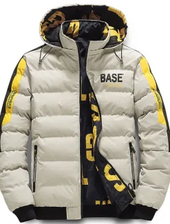 Outlet OUKU Men's Puffer Jacket Hoodie Coat Padded Zipper Pocket Print Sports Outdoor Regular Outdoor Casual / Daily Winter Letter Black Yellow Red Khaki Puffer Jacket
