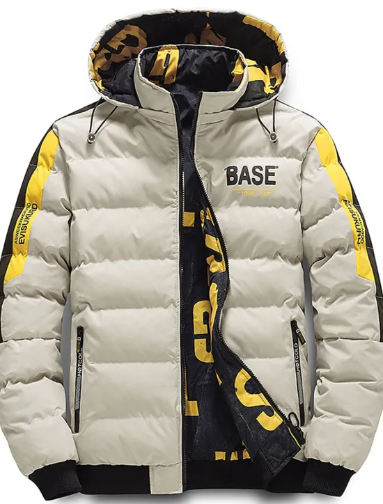 Outlet OUKU Men's Puffer Jacket Hoodie Coat Padded Zipper Pocket Print Sports Outdoor Regular Outdoor Casual / Daily Winter Letter Black Yellow Red Khaki Puffer Jacket