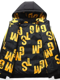 Outlet OUKU Men's Puffer Jacket Hoodie Coat Padded Zipper Pocket Print Sports Outdoor Regular Outdoor Casual / Daily Winter Letter Black Yellow Red Khaki Puffer Jacket