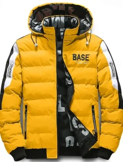 Outlet OUKU Men's Puffer Jacket Hoodie Coat Padded Zipper Pocket Print Sports Outdoor Regular Outdoor Casual / Daily Winter Letter Black Yellow Red Khaki Puffer Jacket