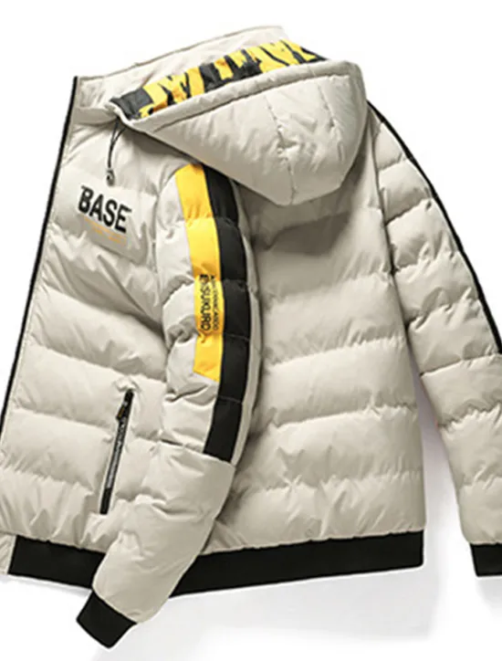 Outlet OUKU Men's Puffer Jacket Hoodie Coat Padded Zipper Pocket Print Sports Outdoor Regular Outdoor Casual / Daily Winter Letter Black Yellow Red Khaki Puffer Jacket