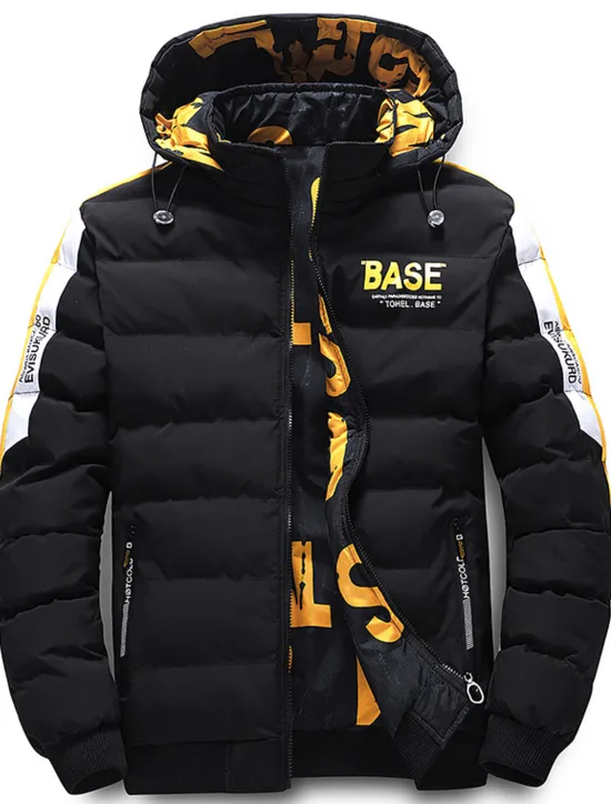 Outlet OUKU Men's Puffer Jacket Hoodie Coat Padded Zipper Pocket Print Sports Outdoor Regular Outdoor Casual / Daily Winter Letter Black Yellow Red Khaki Puffer Jacket