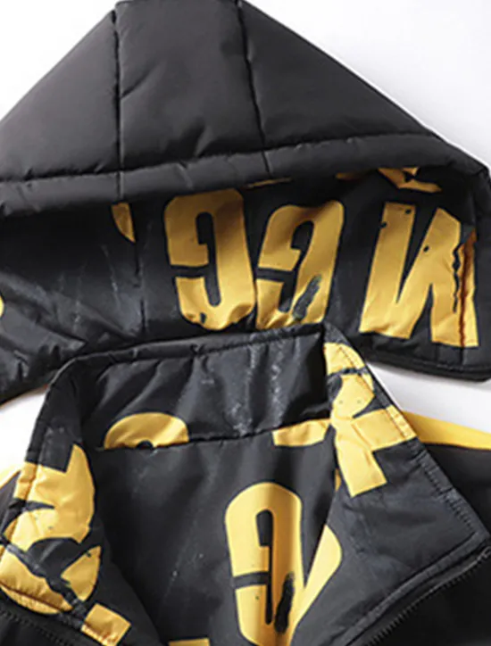 Outlet OUKU Men's Puffer Jacket Hoodie Coat Padded Zipper Pocket Print Sports Outdoor Regular Outdoor Casual / Daily Winter Letter Black Yellow Red Khaki Puffer Jacket