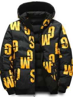 Outlet OUKU Men's Puffer Jacket Hoodie Coat Padded Zipper Pocket Print Sports Outdoor Regular Outdoor Casual / Daily Winter Letter Black Yellow Red Khaki Puffer Jacket