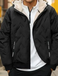 Online OUKU Men's Puffer Jacket Padded Pocket Full Zip Christmas Outdoor Street Regular Neutral Fashion Daily Winter Solid Color Black Gray Puffer Jacket