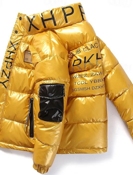 Hot OUKU Men's Puffer Jacket Padded Parka Pocket Print Zipper Pocket Sports Outdoor Traveling Short Chic & Modern Outdoor Casual / Daily Winter Letter Silver Black Yellow Puffer Jacket