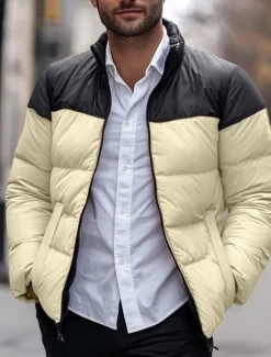 Outlet OUKU Men's Puffer Jacket Padded Pocket Color Block Party Christmas Outdoor Regular Neutral Fashion Daily Winter Solid Color Black White Purple Green Puffer Jacket