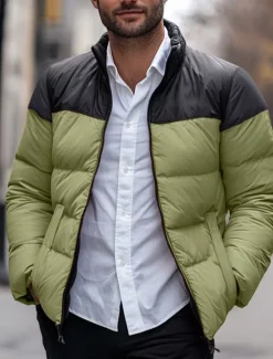 Outlet OUKU Men's Puffer Jacket Padded Pocket Color Block Party Christmas Outdoor Regular Neutral Fashion Daily Winter Solid Color Black White Purple Green Puffer Jacket
