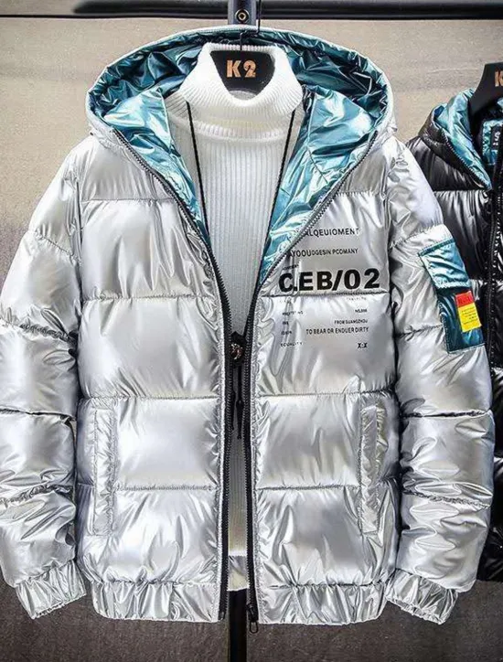 Discount OUKU Men's Puffer Jacket Quilted Jacket Padded Cardigan Zipper Pocket Print Vacation Going out Weekend Outdoor Casual / Daily Winter Letter Silver Black Puffer Jacket