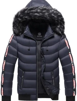 Online OUKU Men's Puffer Jacket Quilted Jacket Cardigan Parka Fur Trim Zipper Pocket Vacation Going out Casual Daily Warm Outdoor Casual Winter Letter Matte Black Black Yellow Red Puffer Jacket