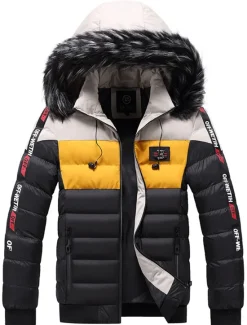 Online OUKU Men's Puffer Jacket Quilted Jacket Cardigan Parka Fur Trim Zipper Pocket Vacation Going out Casual Daily Warm Outdoor Casual Winter Letter Matte Black Black Yellow Red Puffer Jacket