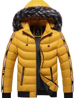 Online OUKU Men's Puffer Jacket Quilted Jacket Cardigan Parka Fur Trim Zipper Pocket Vacation Going out Casual Daily Warm Outdoor Casual Winter Letter Matte Black Black Yellow Red Puffer Jacket