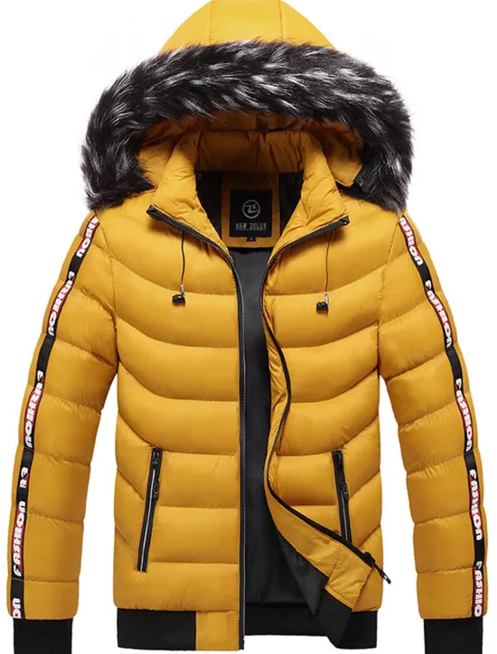 Online OUKU Men's Puffer Jacket Quilted Jacket Cardigan Parka Fur Trim Zipper Pocket Vacation Going out Casual Daily Warm Outdoor Casual Winter Letter Matte Black Black Yellow Red Puffer Jacket