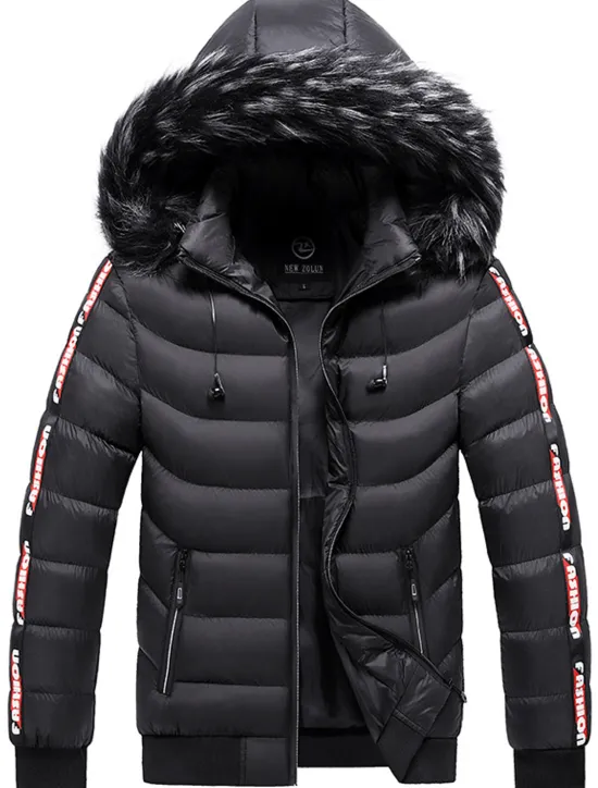 Online OUKU Men's Puffer Jacket Quilted Jacket Cardigan Parka Fur Trim Zipper Pocket Vacation Going out Casual Daily Warm Outdoor Casual Winter Letter Matte Black Black Yellow Red Puffer Jacket
