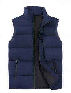 OUKU Men's Puffer Vest Daily Casual Fall & Winter Zipper Pocket Polyester Comfortable Plain Zipper Stand Collar Regular Fit Black Burgundy Khaki Dark Blue Vest