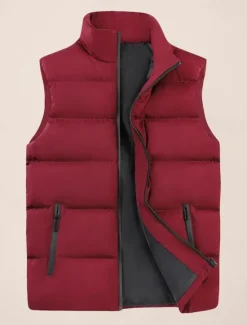 OUKU Men's Puffer Vest Daily Casual Fall & Winter Zipper Pocket Polyester Comfortable Plain Zipper Stand Collar Regular Fit Black Burgundy Khaki Dark Blue Vest