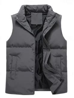 Best OUKU Men's Puffer Vest Daily Casual Fall & Winter Pocket Polyester Comfortable Plain Zipper Stand Collar Black Pink Blue Khaki Vest