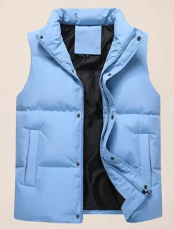 Best OUKU Men's Puffer Vest Daily Casual Fall & Winter Pocket Polyester Comfortable Plain Zipper Stand Collar Black Pink Blue Khaki Vest