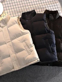 OUKU Men's Puffer Vest Daily Casual Spring & Fall Pocket Polyester Comfortable Solid Color Zipper Stand Collar Black White Blue Vest