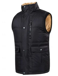 Sale OUKU Men's Puffer Vest Fleece Vest Gilet Daily Date Vacation Fashion Casual Fall & Winter Pocket Polyester Warm Comfortable Solid Color Hidden Buttoned Front Stand Collar Regular Fit Black Blue Vest