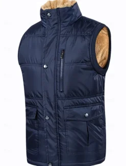 Sale OUKU Men's Puffer Vest Fleece Vest Gilet Daily Date Vacation Fashion Casual Fall & Winter Pocket Polyester Warm Comfortable Solid Color Hidden Buttoned Front Stand Collar Regular Fit Black Blue Vest