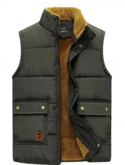 New OUKU Men's Puffer Vest Fleece Vest Gilet Daily Date Vacation Fashion Casual Fall & Winter Pocket Polyester Warm Comfortable Solid Color Hidden Buttoned Front Stand Collar Regular Fit Black Blue Army Green