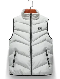New OUKU Men's Puffer Vest Gilet Quilted Vest Cardigan Outdoor Street Daily Going out Streetwear Sporty Fall Winter Pocket Full Zip Polyester Warm Breathable Solid Color Zipper Stand Collar Regular Fit Black