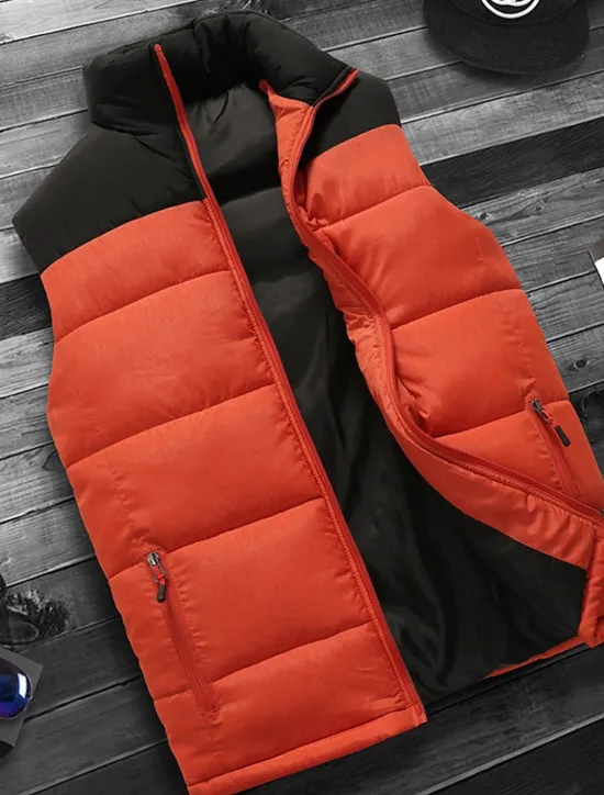Sale OUKU Men's Puffer Vest Gilet Quilted Vest Daily Date Vacation Fashion Casual Fall & Winter Zipper Pocket Polyester Warm Comfortable Color Block Zipper Stand Collar Regular Fit Orange Light Grey Dark Gray