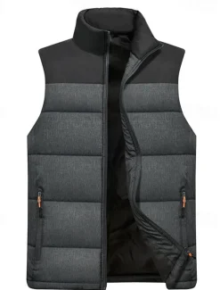 Sale OUKU Men's Puffer Vest Gilet Quilted Vest Daily Date Vacation Fashion Casual Fall & Winter Zipper Pocket Polyester Warm Comfortable Color Block Zipper Stand Collar Regular Fit Orange Light Grey Dark Gray
