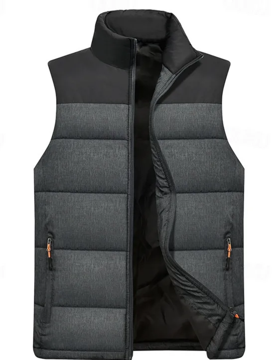 Sale OUKU Men's Puffer Vest Gilet Quilted Vest Daily Date Vacation Fashion Casual Fall & Winter Zipper Pocket Polyester Warm Comfortable Color Block Zipper Stand Collar Regular Fit Orange Light Grey Dark Gray