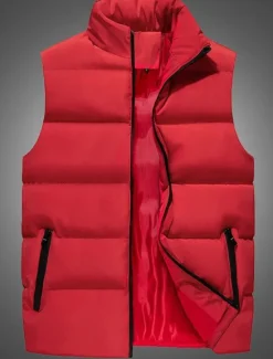 Online OUKU Men's Puffer Vest Gilet Quilted Vest Vacation Daily Date Fashion Casual Fall & Winter Pocket Polyester Warm Comfortable Solid Color Zipper Stand Collar Regular Fit Black Wine Red Blue Vest