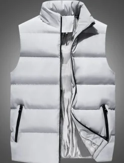 Online OUKU Men's Puffer Vest Gilet Quilted Vest Vacation Daily Date Fashion Casual Fall & Winter Pocket Polyester Warm Comfortable Solid Color Zipper Stand Collar Regular Fit Black Wine Red Blue Vest