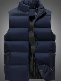 Online OUKU Men's Puffer Vest Gilet Quilted Vest Vacation Daily Date Fashion Casual Fall & Winter Pocket Polyester Warm Comfortable Solid Color Zipper Stand Collar Regular Fit Black Wine Red Blue Vest