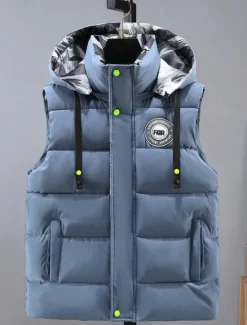 Online OUKU Men's Puffer Vest Hoodie Vest Padded Gilet Quilted Vest Daily Date Vacation Fashion Casual Fall & Winter Pocket Polyester Warm Comfortable Graphic Zipper Hooded Regular Fit Black White Blue Gray Vest