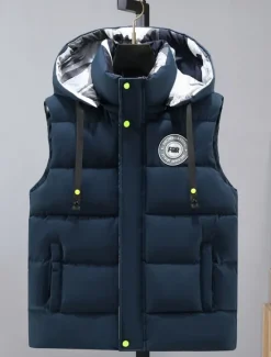 Online OUKU Men's Puffer Vest Hoodie Vest Padded Gilet Quilted Vest Daily Date Vacation Fashion Casual Fall & Winter Pocket Polyester Warm Comfortable Graphic Zipper Hooded Regular Fit Black White Blue Gray Vest