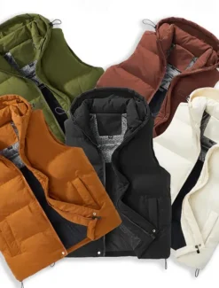 Sale OUKU Men's Puffer Vest Hoodie Vest Gilet Quilted Vest Daily Date Vacation Fashion Casual Fall & Winter Pocket Polyester Warm Comfortable Solid Color Zipper Hooded Regular Fit Black Brown Army Green Beige