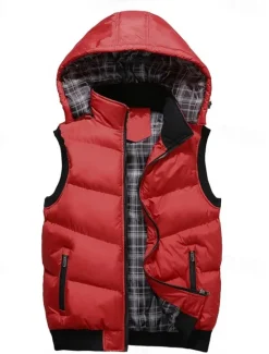New OUKU Men's Puffer Vest Hoodie Vest Padded Gilet Quilted Vest Daily Date Vacation Fashion Casual Fall & Winter Pocket Polyester Warm Comfortable Color Block Zipper Hooded Regular Fit Black Red Army Green