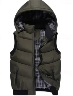 New OUKU Men's Puffer Vest Hoodie Vest Padded Gilet Quilted Vest Daily Date Vacation Fashion Casual Fall & Winter Pocket Polyester Warm Comfortable Color Block Zipper Hooded Regular Fit Black Red Army Green
