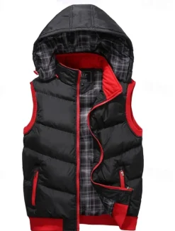 New OUKU Men's Puffer Vest Hoodie Vest Padded Gilet Quilted Vest Daily Date Vacation Fashion Casual Fall & Winter Pocket Polyester Warm Comfortable Color Block Zipper Hooded Regular Fit Black Red Army Green