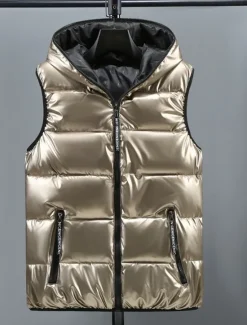 Best OUKU Men's Puffer Vest Hoodie Vest Padded Gilet Quilted Vest Daily Date Vacation Fashion Casual Fall & Winter Pocket Polyester Warm Comfortable Solid Color Zipper Hooded Regular Fit Silver Black Red Gold