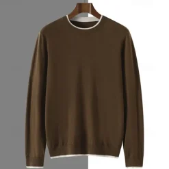 Clearance OUKU Men's Pullover Merino Wool Sweater 2 in 1 Solid Color Crew Neck Knitwear Elegant Christmas Outdoor Clothing Apparel Fall Winter Black Brown S M L
