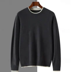 Clearance OUKU Men's Pullover Merino Wool Sweater 2 in 1 Solid Color Crew Neck Knitwear Elegant Christmas Outdoor Clothing Apparel Fall Winter Black Brown S M L